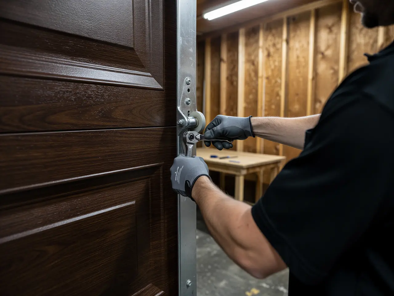 A technician in gloves adjusts a garage door roller with a wrench.