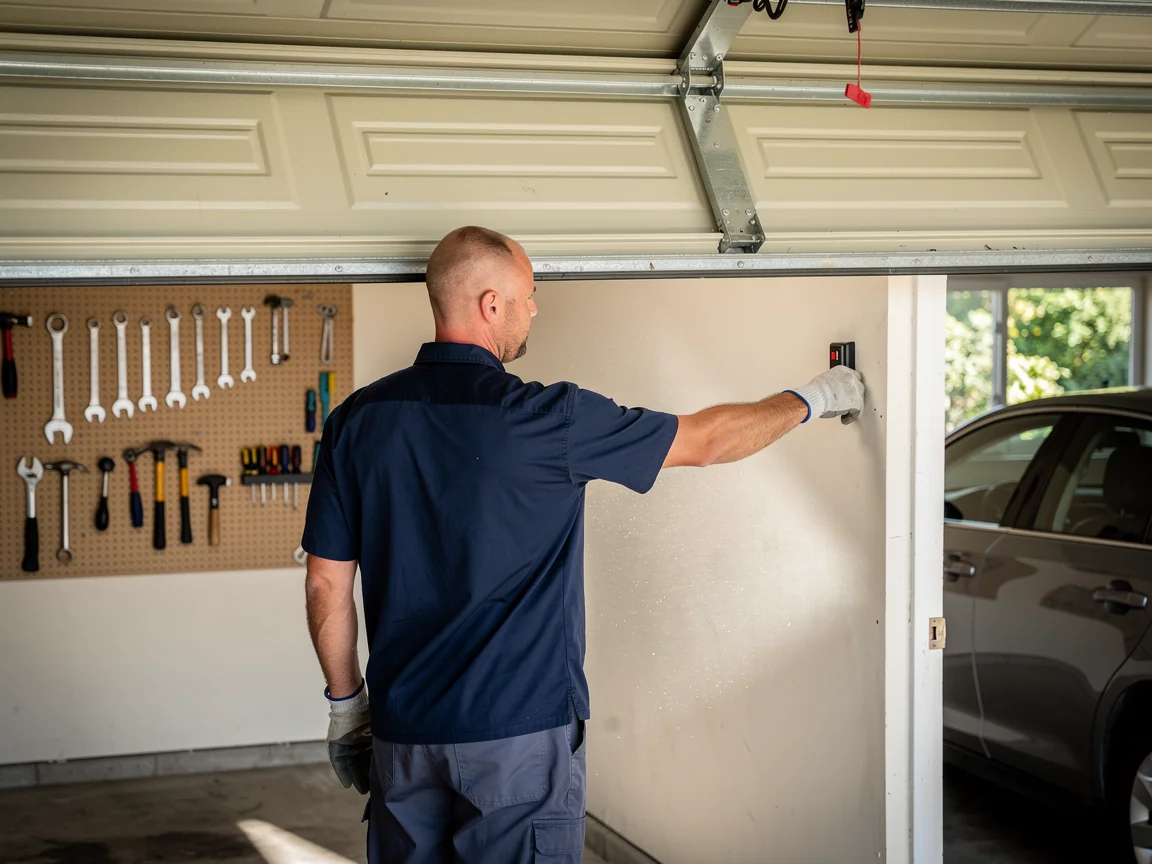 A technician in a blue shirt and gloves presses a button on a wall.