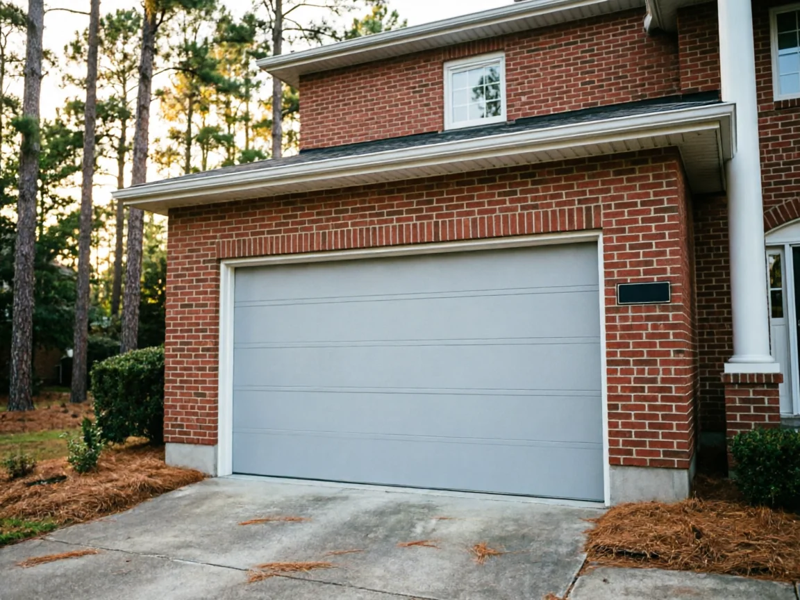 The garage door is light gray on a red brick house with tall trees.