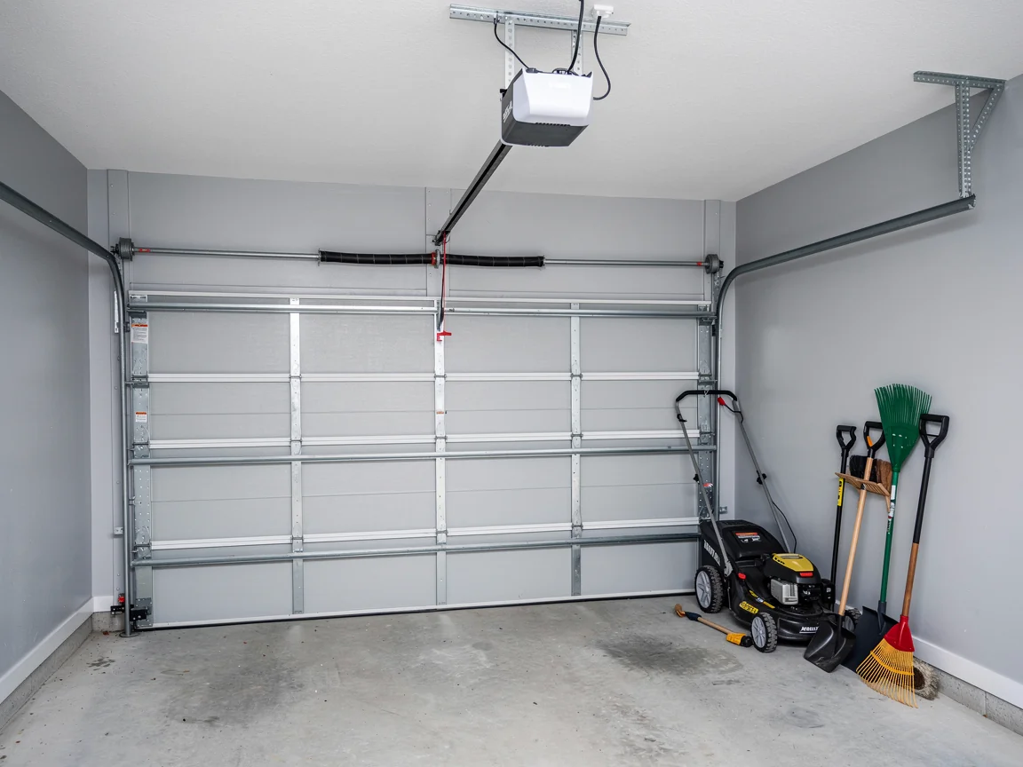 A closed gray garage door with an opener and tools on the right.