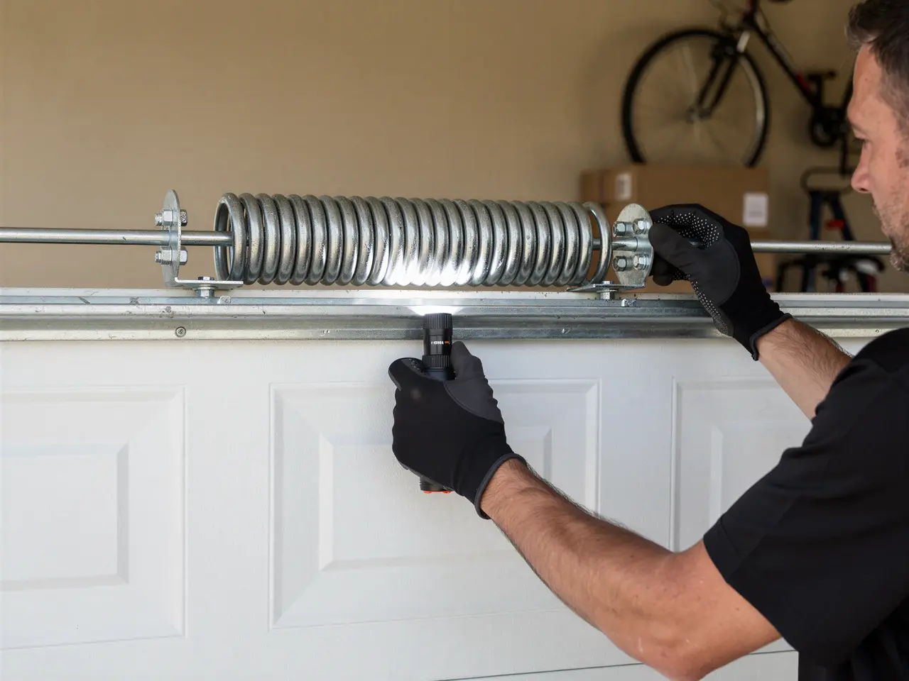 A technician inspects a garage door torsion spring with a flashlight.